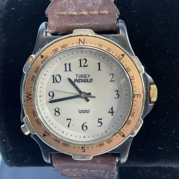 Vtg Timex Watch Men 38mm Indiglo Gold Tone Compass Bezel Leather New Battery - Picture 1 of 16